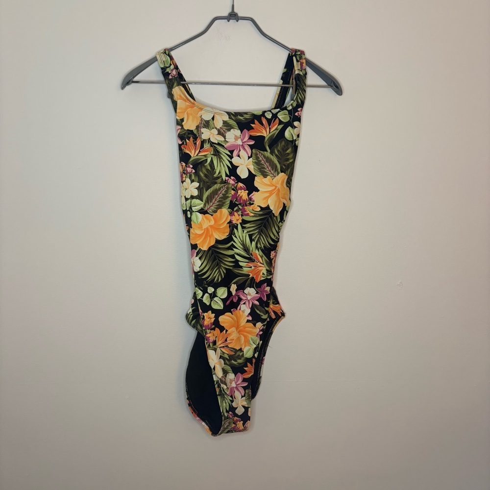 Hurley women’s large Orange Pink One Piece Swimsuit floral vacation Cottagecore